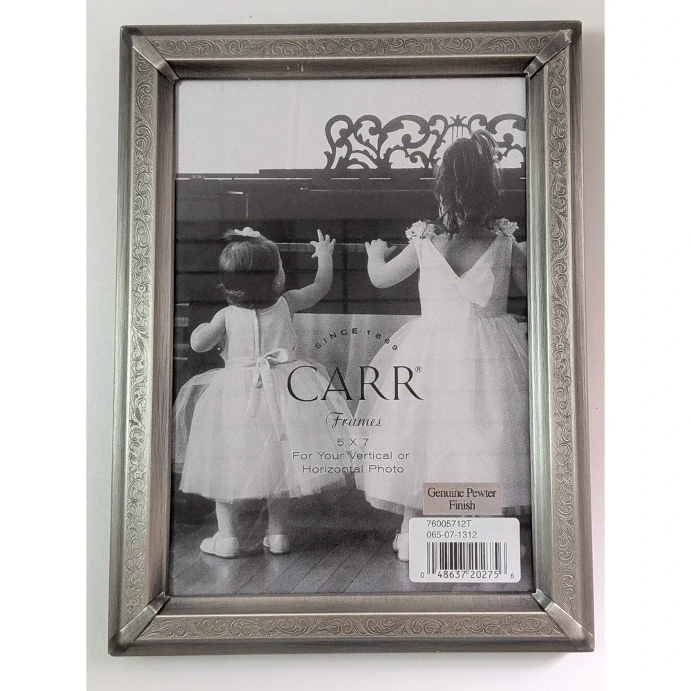 Carr Frames Genuine Pewter Finish 5x7 Photo Frame Floral Scroll Embossed Silver